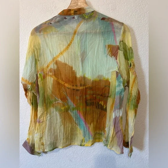 Yavi Chanderi Summer Labile Button Front Shirt in Yellow Multi Color - Size M - Picture 9 of 9